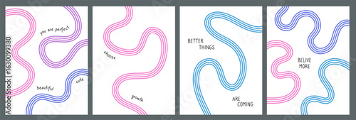 Abstract playful minimalistic background with wavy line. Poster with organic curvy curly stripe with motivate quote. Wave line art