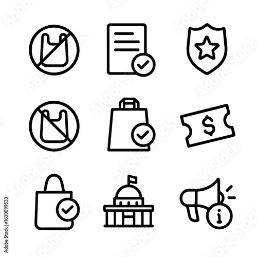 Plastic Bag Regulation Icons. Outline icon set of plastic bag regulations: plastic ban sign, policy document, enforcement badge,