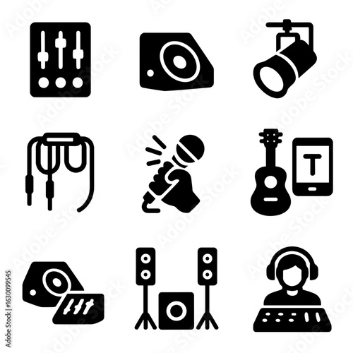 Stage Setup Icons. Solid, filled icons set of stage setup and soundcheck: audio mixer, stage monitor,