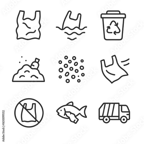 Plastic Waste Icons. Outline icon set of plastic waste: crumpled plastic bag, bag in ocean, recycling bin, landfill icon,