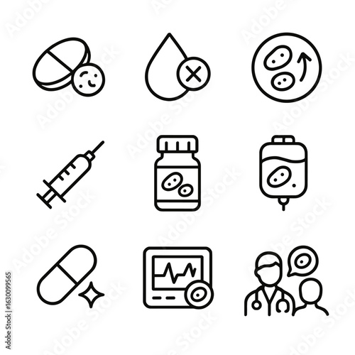 Platelet Medication Icons. Outline icon set of platelet medication and treatment: aspirin, anticoagulant, clot buster, injection,