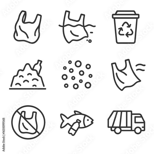Plastic Waste Icons. Outline icon set of plastic waste: crumpled plastic bag, bag in ocean, recycling bin, landfill icon,