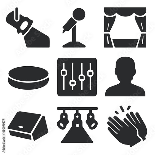 Stage Icon Set. Solid, filled icons set of spotlight shining on stage: stage spotlight, microphone, theater