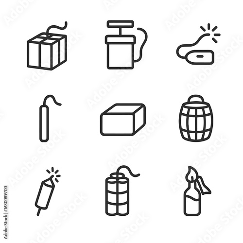 Explosive Materials Icons. Outline icon set of explosive materials: TNT block, detonator, fuse, blasting cap, C4 plastic explosive