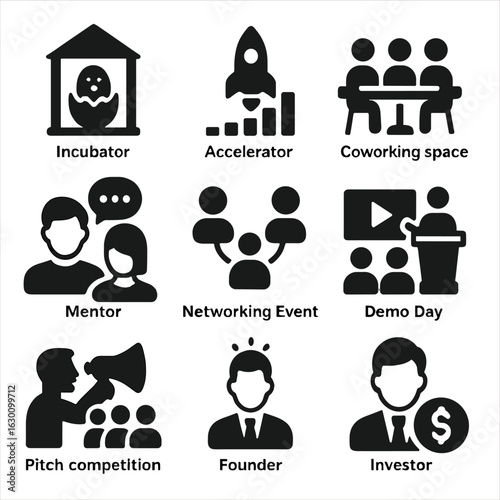 Startup Ecosystem Icons. Solid, filled icons set of startup ecosystem: incubator, accelerator, coworking space