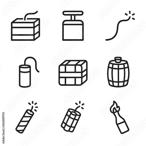 Explosive Materials Icons. Outline icon set of explosive materials: TNT block, detonator, fuse, blasting cap, C4 plastic explosive