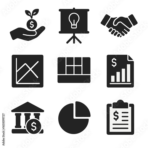 Startup Finance Icons. Solid, filled icons set of startup financial planning: seed funding icon, startup pitch