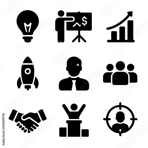 Startup Icons Grid. Solid, filled icons set of entrepreneurial leadership and startup management: light bulb
