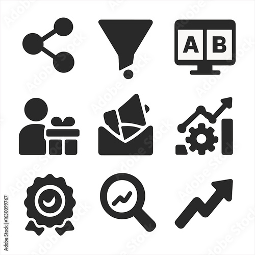 Startup Growth Icons. Solid, filled icons set of startup growth hacking: viral loop icon, conversion funnel, A