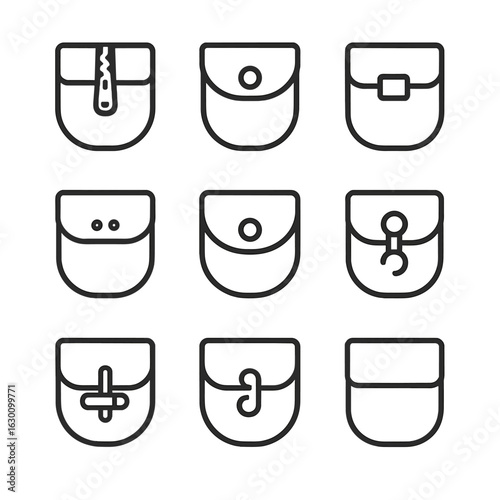 Pocket Closures Icons. Outline icon set of pocket closures: zipper closure, button closure, velcro flap, magnet clasp, snap
