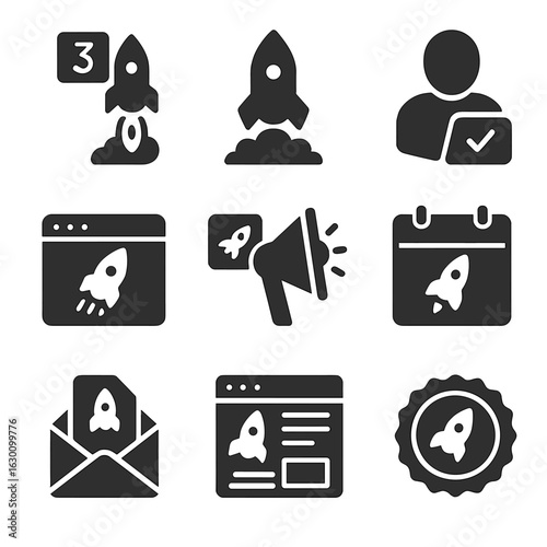 Startup Launch Icons. Solid, filled icons set of startup launch process: countdown rocket, soft launch, beta