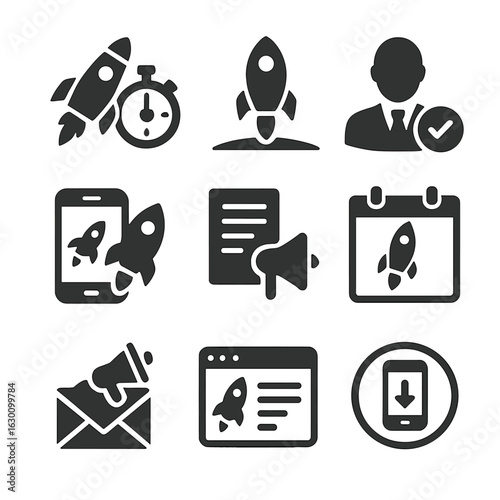 Startup Launch Icons. Solid, filled icons set of startup launch process: countdown rocket, soft launch, beta
