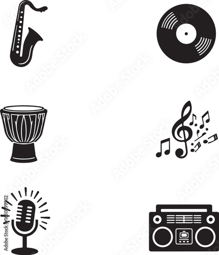Iconic music symbols jazz drum microphone vinyl record boombox