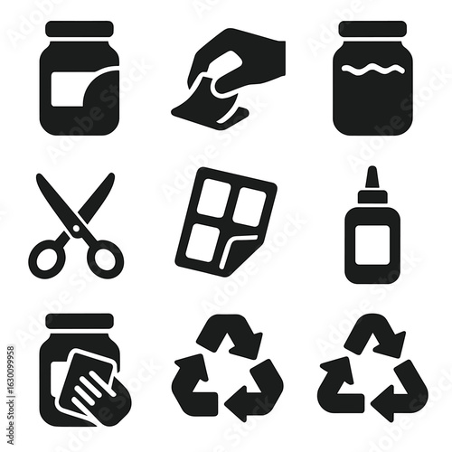 Sticker Removal Icons. Solid, filled icons set of peeling a sticker off a jar: jar with label, peeling hand,
