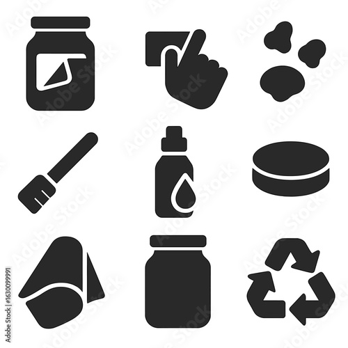 Sticker Removal Icons. Solid, filled icons set of peeling adhesive stickers off jars: glass jar, finger