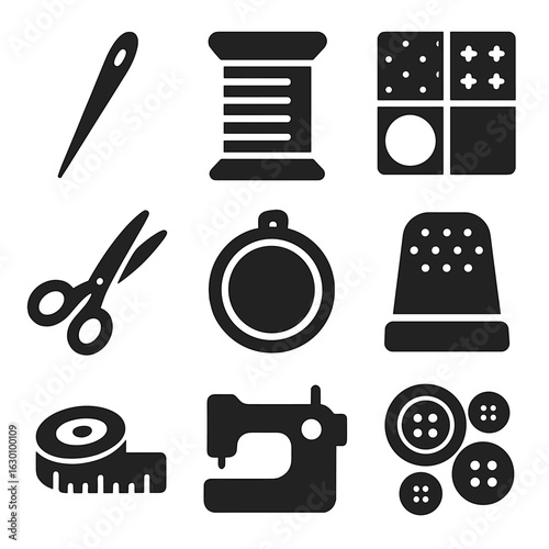 Stitching Icons Collection. Solid, filled icons set of stitching family heirlooms: sewing needle, thread spool