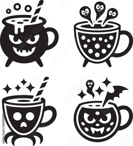 Four spooky halloween drink silhouettes featuring cauldrons and cups with ghost and bat accents