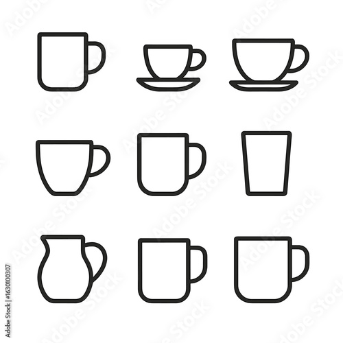 Porcelain Drinkware Icons. Outline icon set of porcelain drinkware: coffee mug, espresso cup, cappuccino cup, demitasse, tea mug,