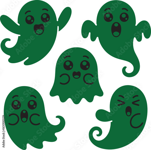 Five adorable cartoon ghosts with happy and surprised expressions in a cute silhouette style for halloween celebrations