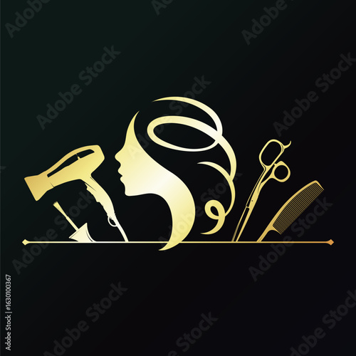 Girl face with curls hair and hairstylist accessories golden symbol