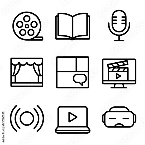 Storytelling Media Icons. Outline icon set of storytelling media: film reel, book, podcast mic, stage, comic