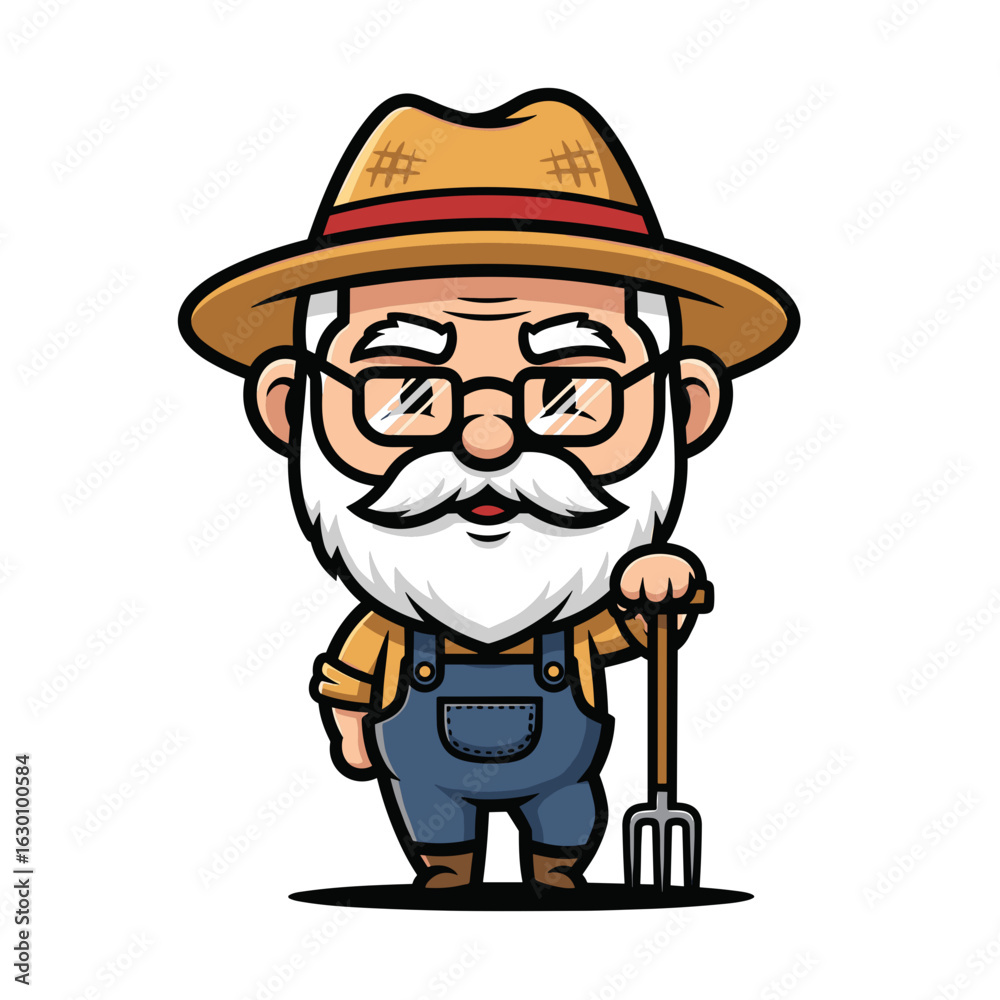 Obraz premium Cartoon Illustration of a Happy Elderly Farmer with Glasses and Pitchfork in Overalls