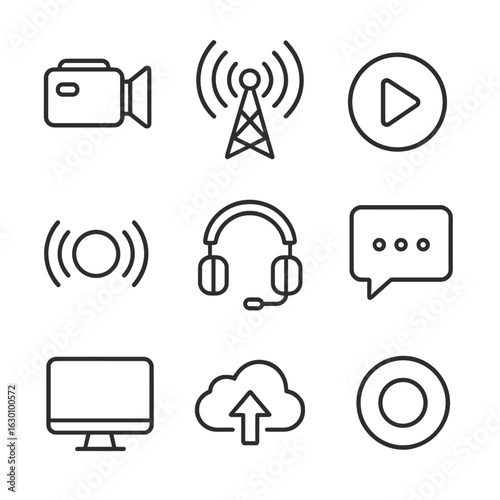 Streaming Icon Set. Outline icon set of Streaming and Broadcasting: camera, broadcast tower, play button,