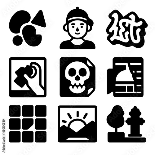 Street Art Icons. Solid, filled icons set of street art styles: abstract shapes, character portrait, lettering