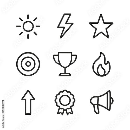 Positive Icon Set. Outline icon set of good vibes positivity and motivation: sunburst, lightning bolt, star, target, trophy, flame