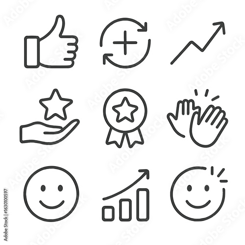 Positive Feedback Icons. Outline icon set of positive feedback: thumbs up, plus sign in loop, upward trend arrow, reinforcement