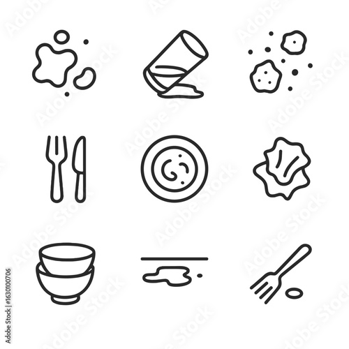 Post-Meal Mess Icons. Outline icon set of post-meal mess: food stains, spilled drink, bread crumbs, used cutlery, greasy plate,