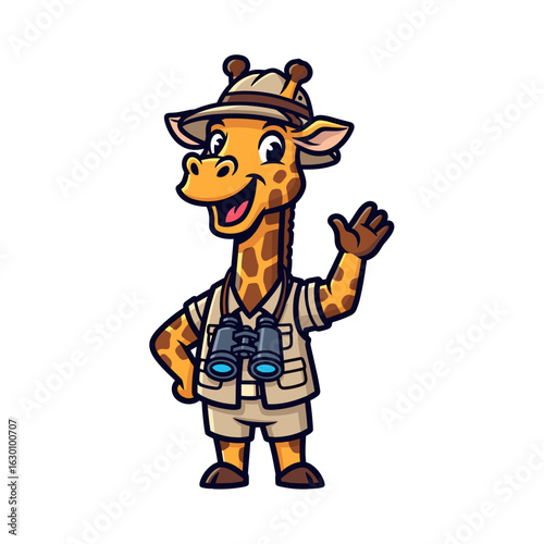 Wallpaper Mural Cheerful Cartoon Giraffe Character in Explorer Outfit Waving with Binoculars in Jungle Setting Torontodigital.ca
