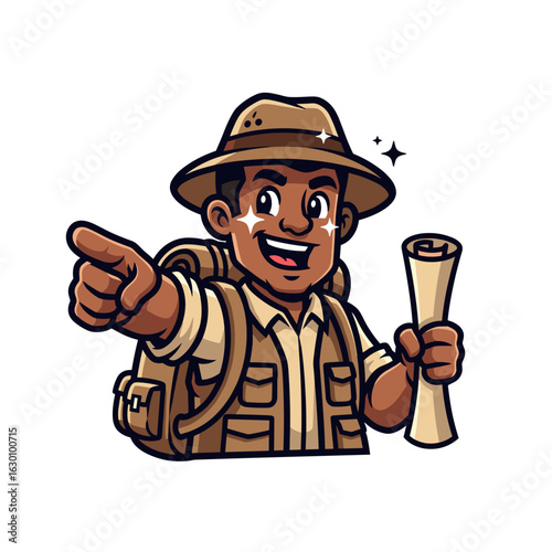 Cheerful Explorer Pointing While Holding a Map and Wearing Backpack in Cartoon Style