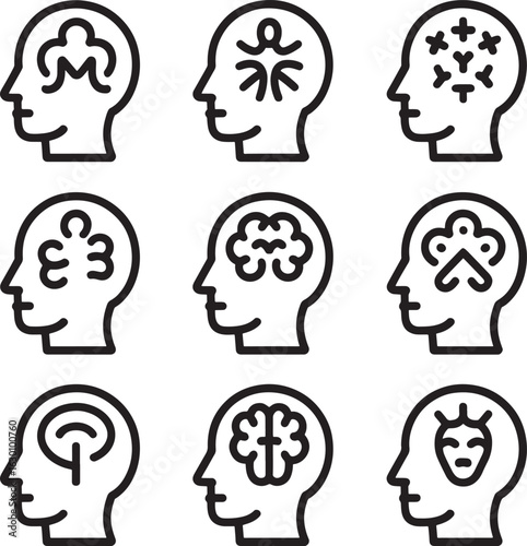 Collection of nine stylized head silhouettes with intricate abstract patterns inside representing diverse thought processes and mental states silhouette