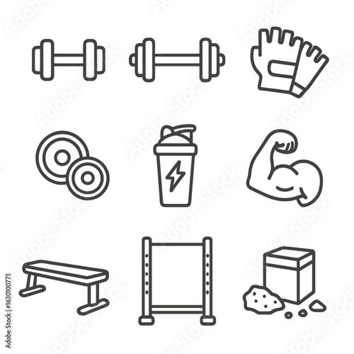 Strength Training Icons. Outline icon set of strength training: dumbbell, barbell, weight plates, lifting