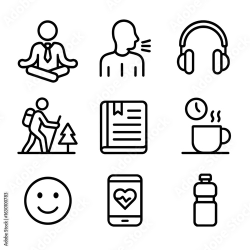 Stress Management Icons. Outline icon set of Stress management at work: meditation, breathing exercise,