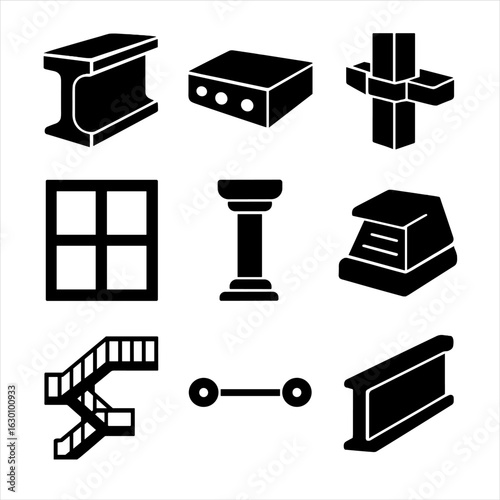 Structural Elements Icons. Solid, filled icons set of structural elements: steel girder, concrete slab,