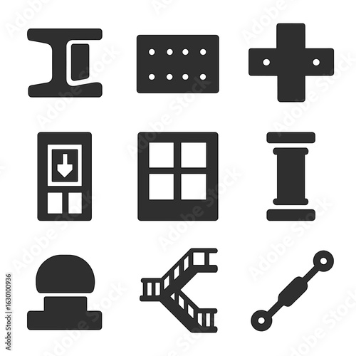 Structural Elements Icons. Solid, filled icons set of structural elements: steel girder, concrete slab,