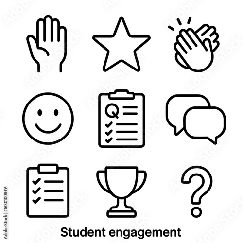 Student Engagement Icons. Outline icon set of student engagement: raised hand, star, applause, smiley face,