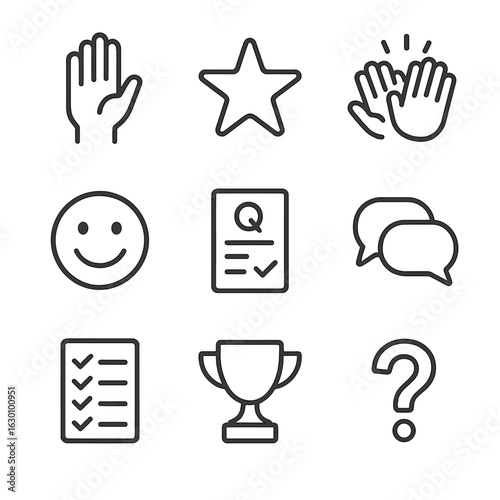 Student Engagement Icons. Outline icon set of student engagement: raised hand, star, applause, smiley face,