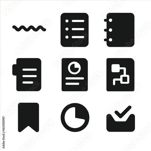 Student Note Icons. Solid, filled icons set of student note management: doodle divider, bullet notes page,
