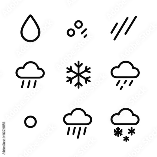 Precipitation Icons Grid. Outline icon set of precipitation forms: raindrop, hail, sleet, snowflake, drizzle, freezing rain, ice