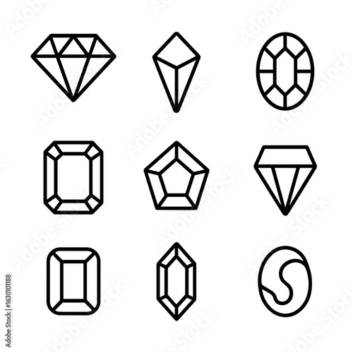 Precious Stones Icon Set. Outline icon set of precious stones: diamond, ruby, sapphire, emerald, amethyst, topaz, garnet,