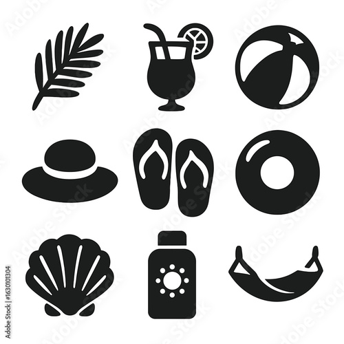 Summer Icon Set. Solid, filled icons set of summer-themed decorations: palm leaf, tropical drink, beach ball,