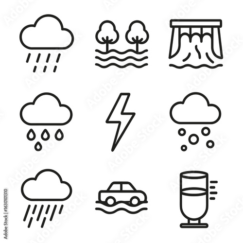 Extreme Weather Icons. Outline icon set of deluge weather events: heavy rain, flooded river, overflowing dam, storm cloud,