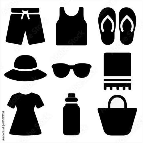 Summer Beachwear Icons. Solid, filled icons set of summer beachwear for teens: swim trunks, tank top,