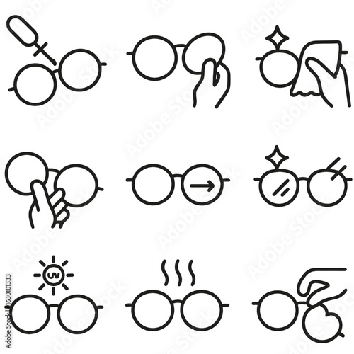 Eyewear Maintenance Icons. Outline icon set of eyewear maintenance: tighten screw, replace lens, clean lens, adjust nose pad,