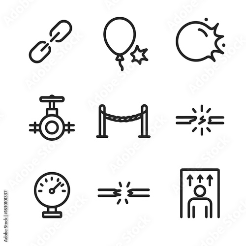 Pressure Release Icons. Outline icon set of pressure and tension release: broken chain, pop balloon, burst bubble, exploding