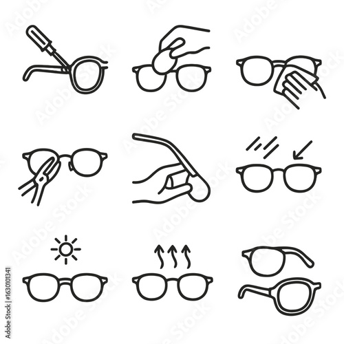 Eyewear Maintenance Icons. Outline icon set of eyewear maintenance: tighten screw, replace lens, clean lens, adjust nose pad,