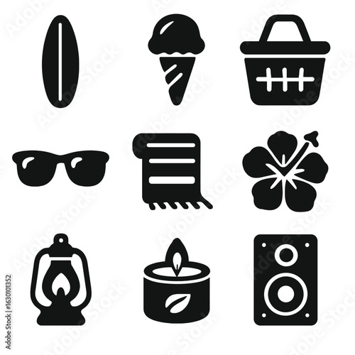 Summer Essentials Icons. Solid, filled icons set of summer accents: surfboard, ice cream cone, picnic basket,
